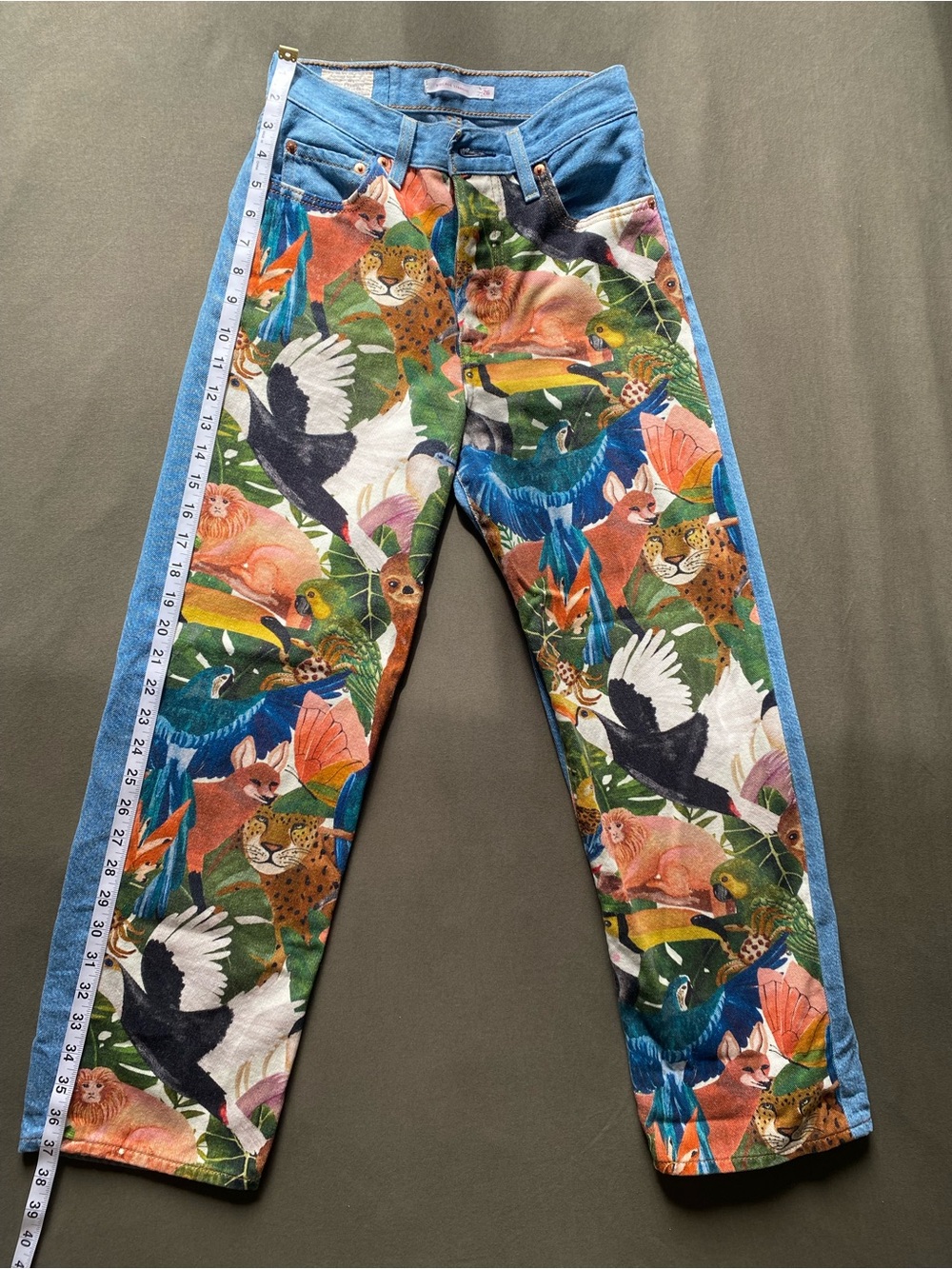 Women’s Two-Tone Denim Jeans with Tropical Print Panel - Blue - Picture 4 of 9